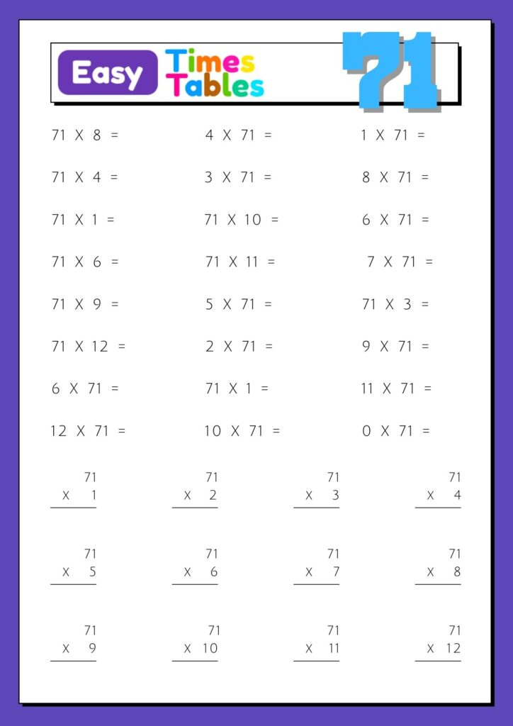 Images with printable exercises of multiplication table 71